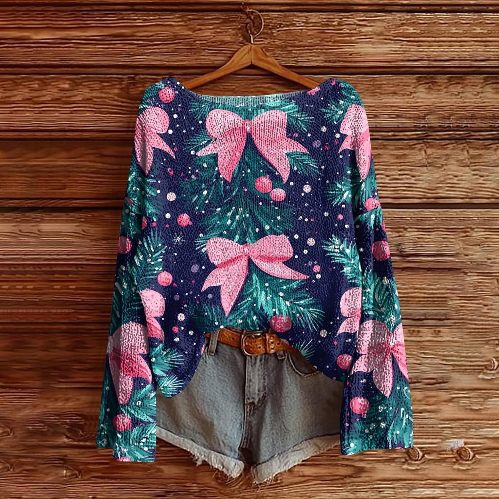 Women's Christmas Print Lightweight Sweater Casual Long Sleeve Knitted Pullover