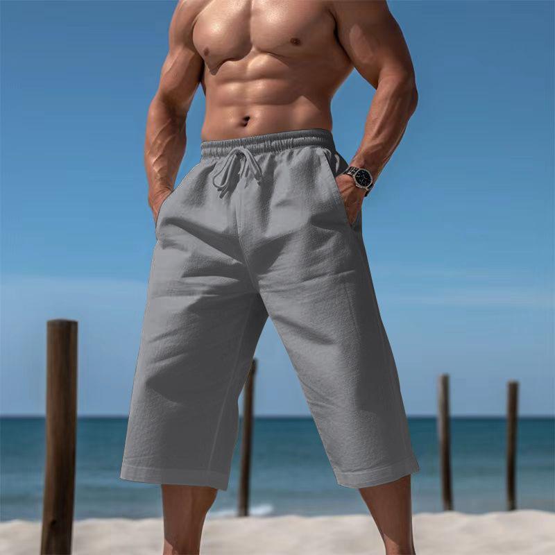 Breathable Lightweight Men Linen Cropped Capri Pants, Elastic Waist Drawstring Wide Leg 7/8 Shorts, Multi Color Casual Beach Pocket Trousers