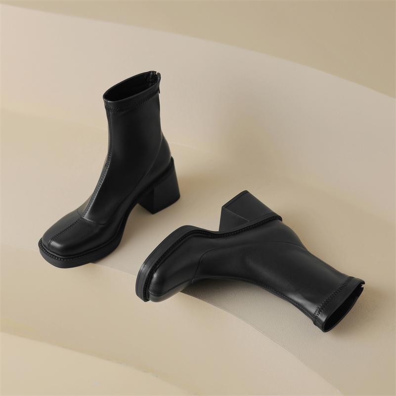 FOREADA Women Ankle Boots Square Toe Platform Block High Heels Zipper Short Boot Lady Fashion Shoes Autumn Winter Brown Black 43