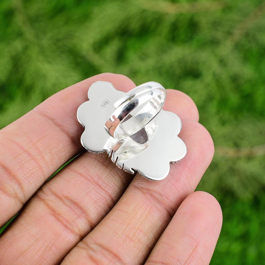 Натуральный Радужный Лунный Камень Заявление Цветок Белое Регулируемое Кольцо 925 Серебро