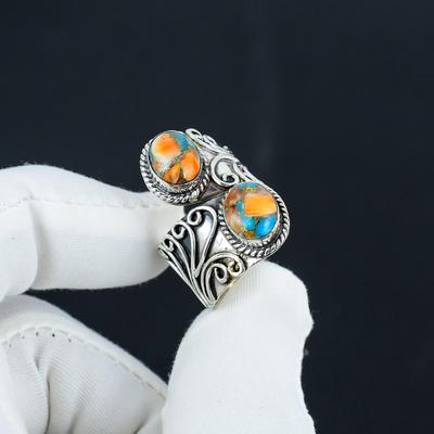 Кольцо из натурального оранжевого колючего устричного серебра 925 пробы, регулируемое — подходит для размеров США от 6 до 10 — старинное кольцо ручной работы в стиле бохо для женщин и мужчин, подарки на День святого Валентина