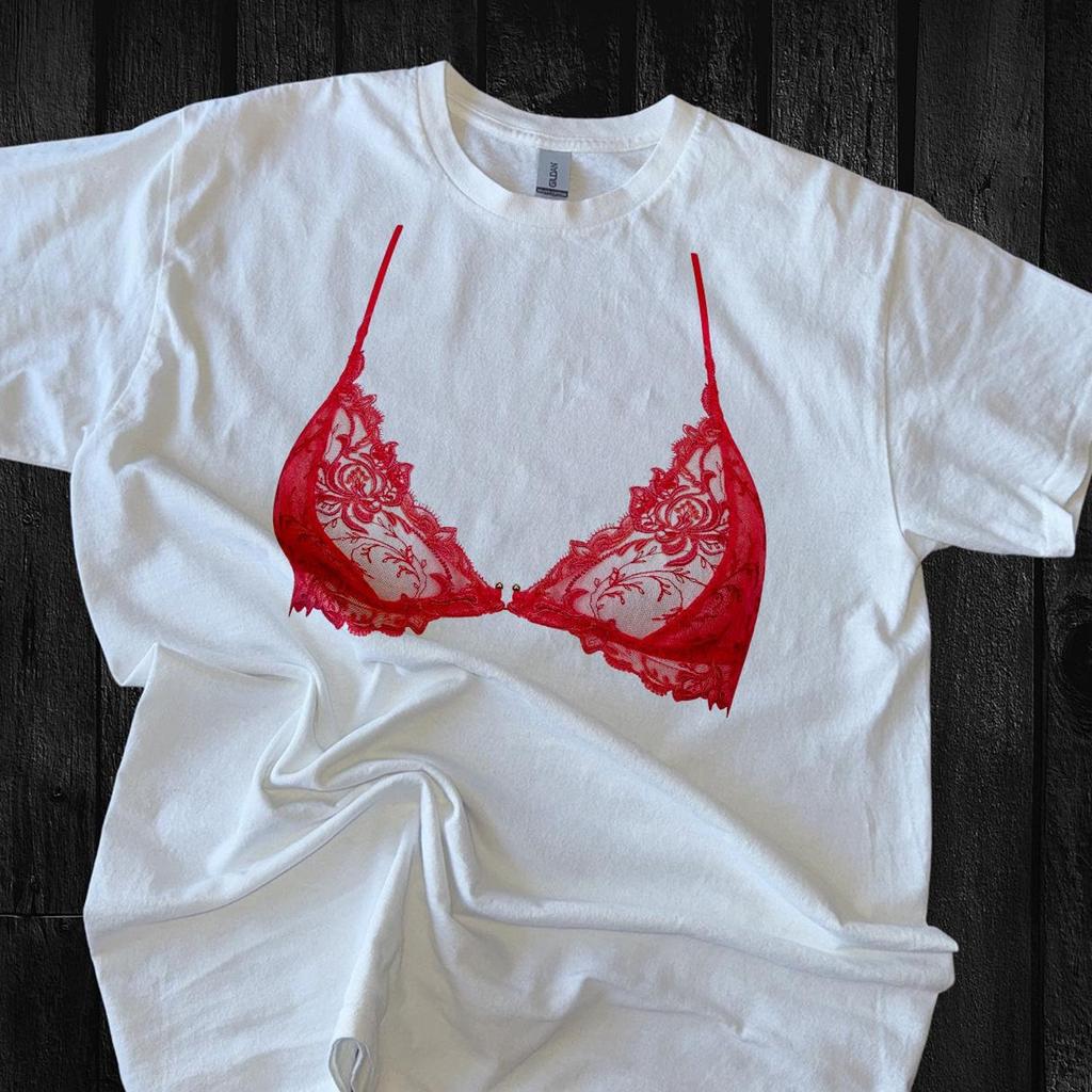 Red Lace Bralette Graphic Tee – Sassy Lingerie Design