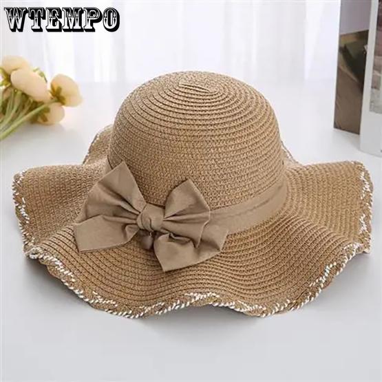 WTEMPO Wave Large Brim Straw Hats Women Versatile Bow Sunscreen Beach Seaside Casual Sun Hats