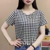 YYFS Женская мода повседневная летняя весна клетчатый принт с коротким рукавом и круглым вырезом блузки и рубашки