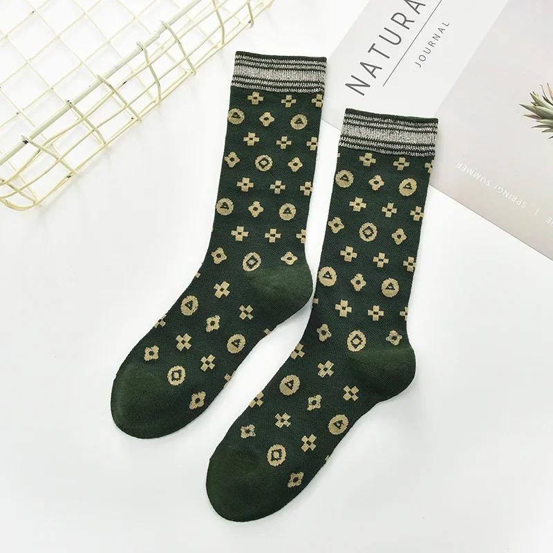 Осенние новые ретро-носки в клетку, женские милые лепестковые серебристо-золотые шелковые носки средней длины