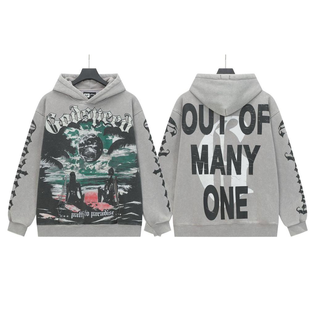 Худи с ретро-принтом 'God Bless America' в стиле рок-стрит, стиранное, повседневное, свободного кроя