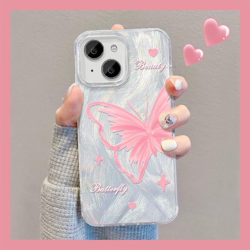Suitable for Apple 15 Mobile Phone Case Summer Iphone14 Pink Butterfly Stand 13pm Feather Yarn Laser 12 High-end Women