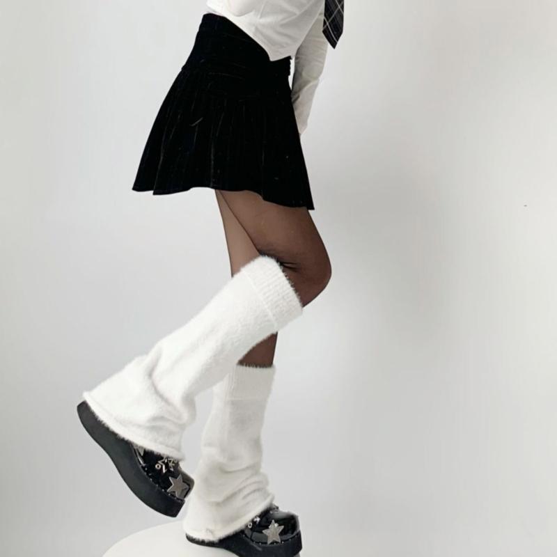 Зимние Осенние Поворотные Манжеты Нагреватили для Ног Японский Харадзюку Меховые Однотонные Чехлы для Ног Расклешенные Высокие Носки до Колена для Женщин