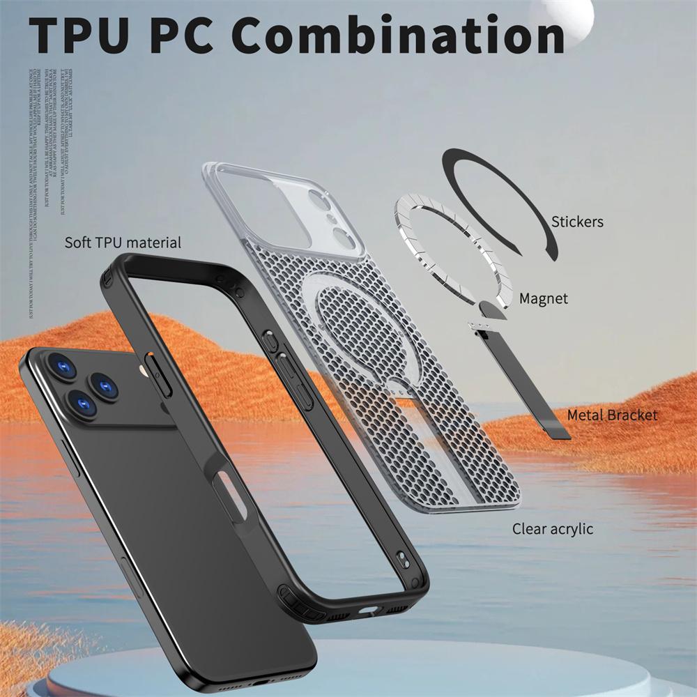 Magnetic For Magsafe Heat Dissipation Fold Stand Phone Case For 15 16 17 Pro Max Air 16E 14 13 12 11 Lens Protector Cover