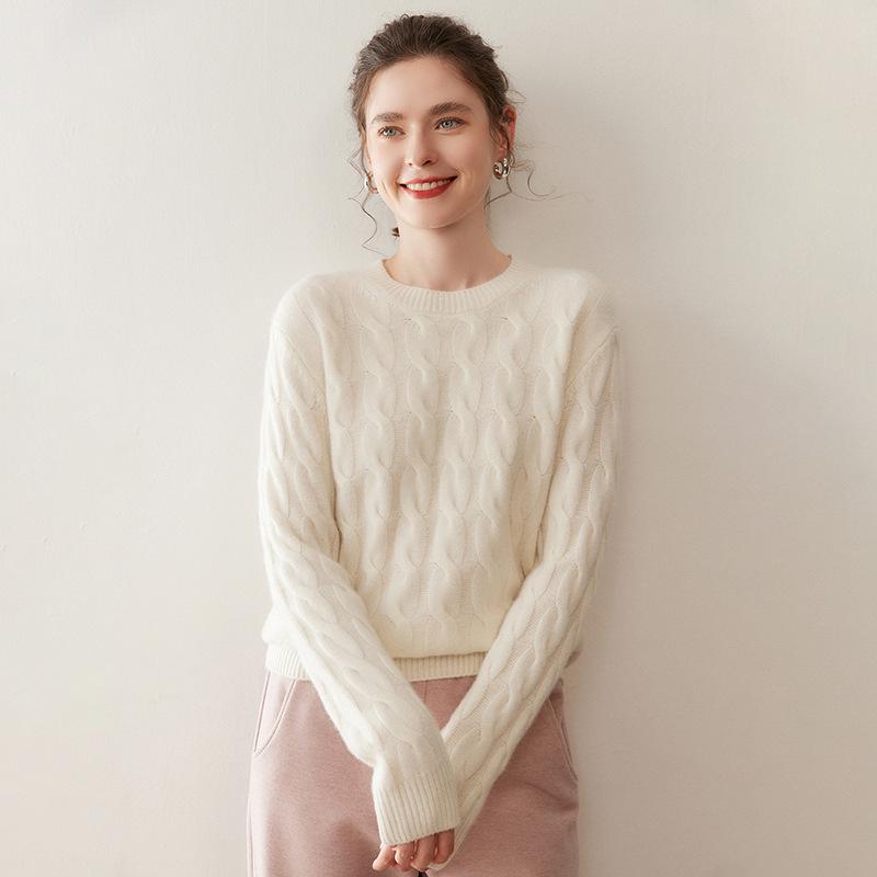 Women's Retro Cable Knit Round Neck Cashmere Sweater - Thick and Skin-Friendly for Autumn/Winter