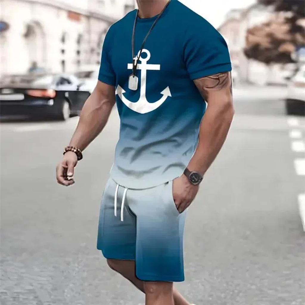 Летняя мода, футболка, шорты, комплект, темпераментный уличный мужской s, свободный топ с 3D короткими рукавами и градиентным кокосовым принтом, стиль