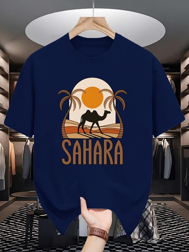 Unisex Crew Neck Tee Sahara Camel Retro Desert Sunset Art Print Soft Cotton Loose Short Sleeve Summer Casual Male Streetwear Tops