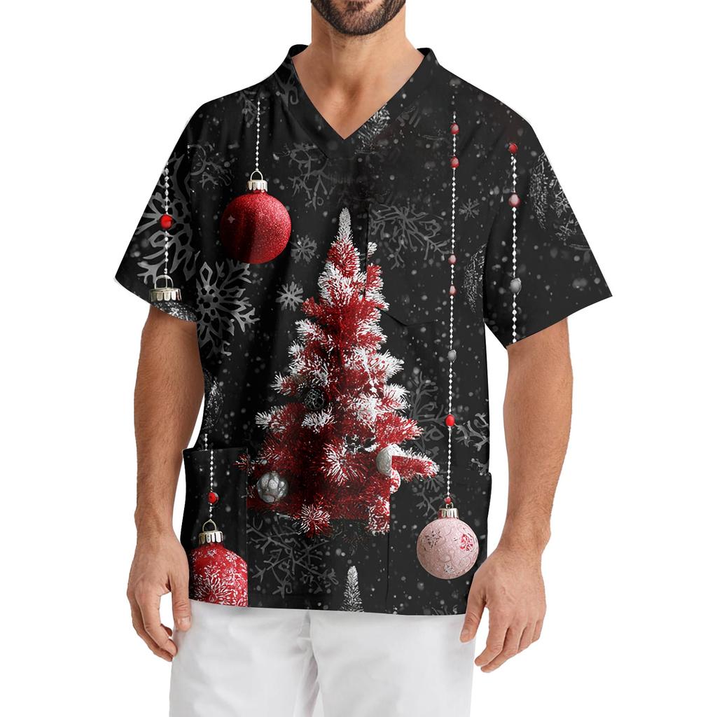 Мужская рабочая блузка с короткими рукавами и v-образным вырезом с принтом, топ с нагрудным карманом