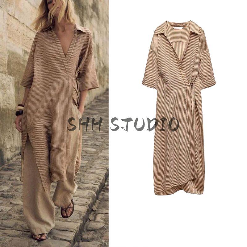Summer New Product Women's Clothes Retro Style Buckle Tie Decoration Stripes Shirt Style Midi Skirt Dress 8306270