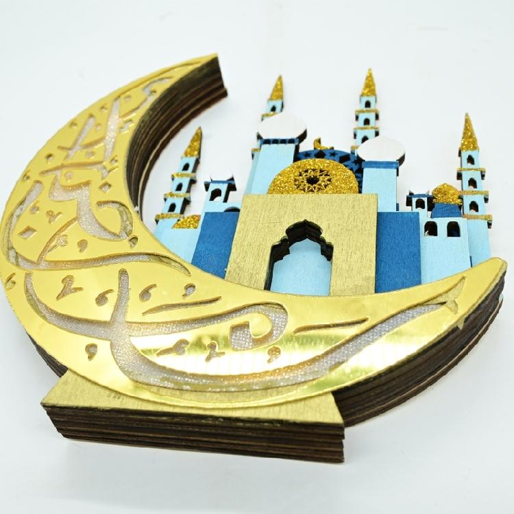 LED Lighted Eid Wood Moon Castles Mosque Ornament Festivals Party Supplies for Home Bedroom Living Room Table Decoration