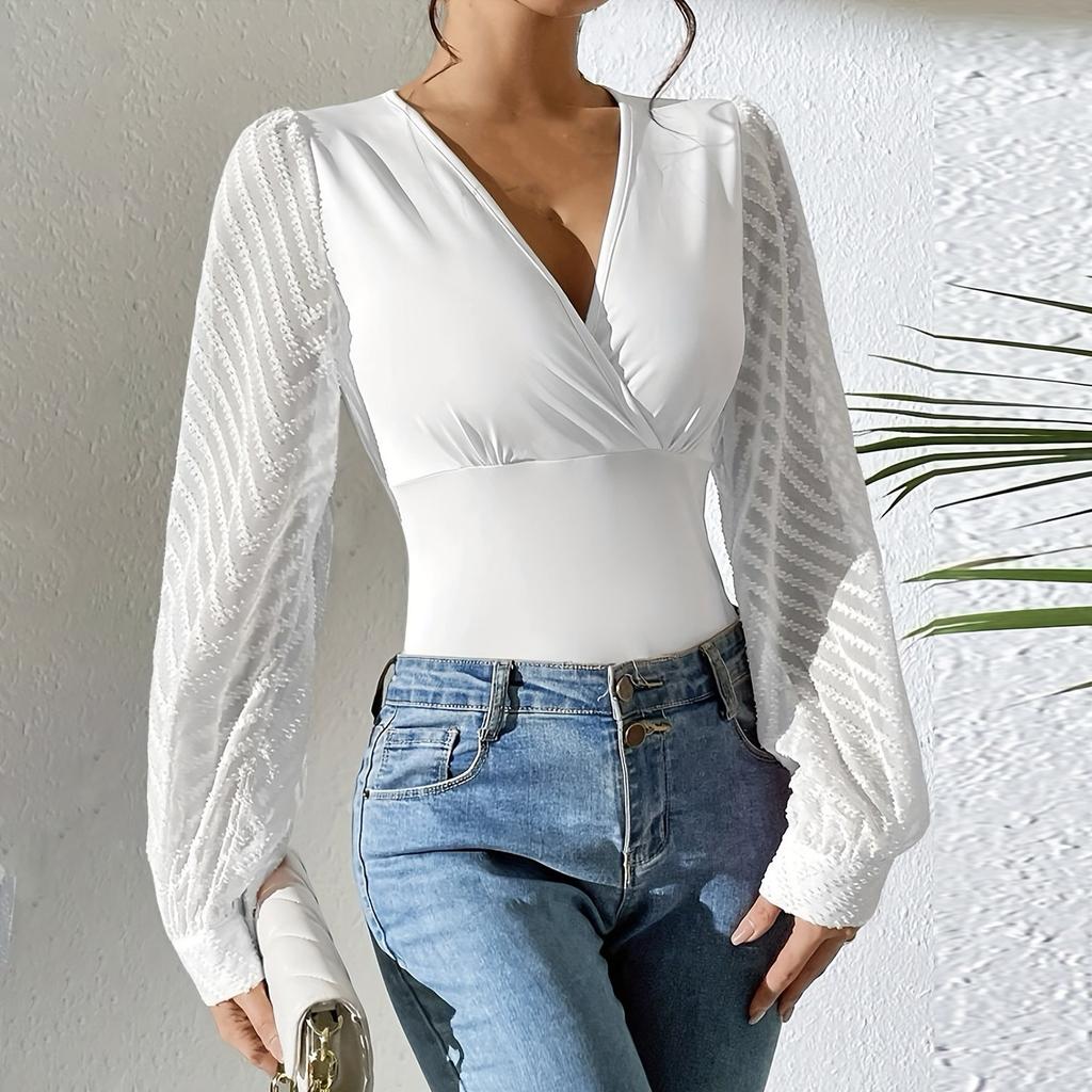 Женская и зимняя мода повседневный шифоновый сращивающийся однотонный трикотажный топ с глубоким V-образным вырезом и длинными рукавами