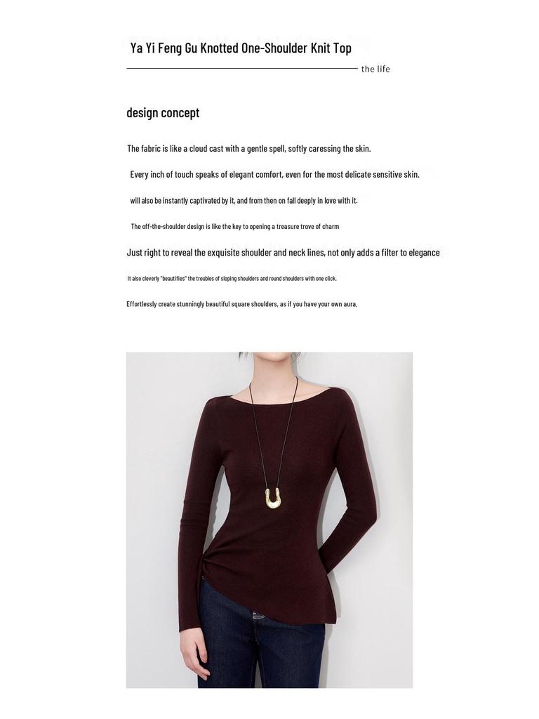 Design Sense Off-Shoulder Tie-Up Wool Knit Top: Minimalist Waist-Defining Long Sleeve for Early Autumn