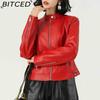 Модная женская куртка из искусственной ПУ кожи, воротник-стойка, легкий весенне-осенний стиль, красная кожаная куртка