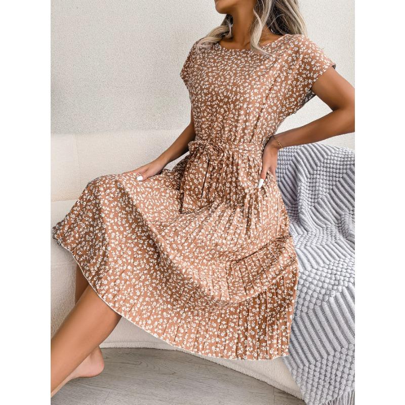 Ins Style Spring and Summer New Casual Short-sleeved Floral Large Swing Pleated Skirt European and American Women's Clothing