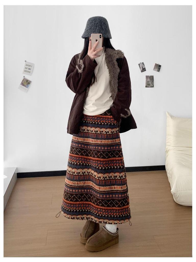 Женская флисовая юбка средней длины в стиле ретро Fair Isle - этнический стиль, кулиска по подолу, двустороннее ношение для осени/зимы