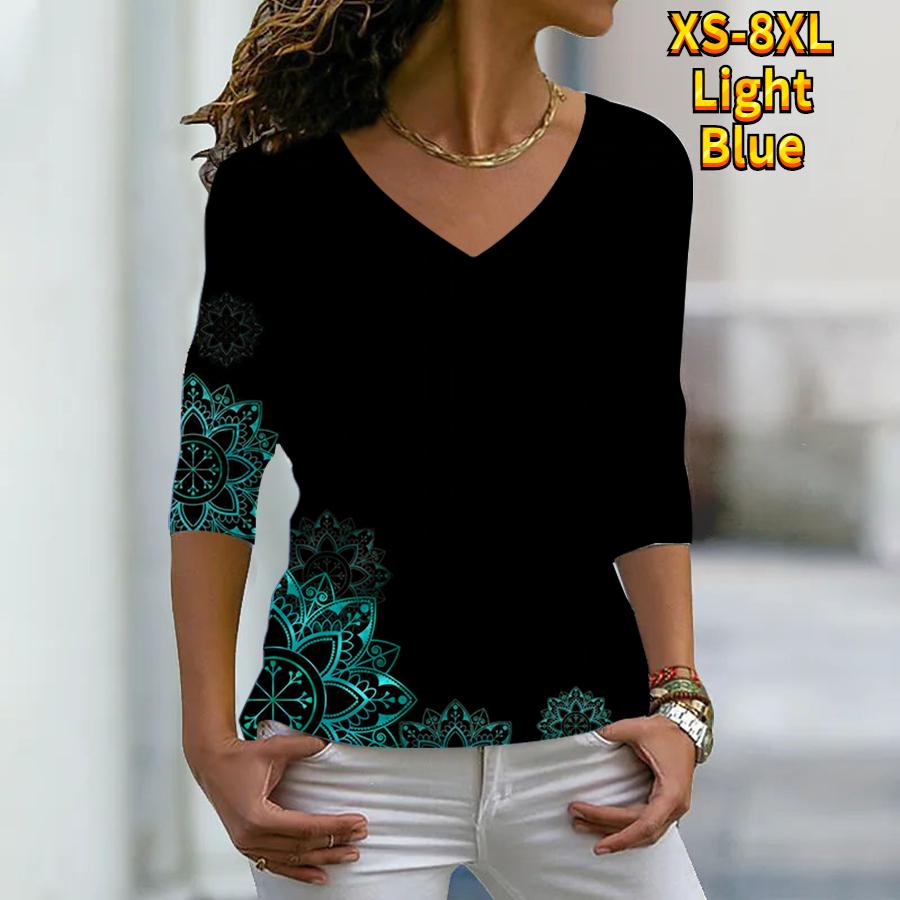 Женские осенние футболки с длинными рукавами с цветочным симметричным принтом подсолнечника, свободные футболки с v-образным вырезом размера плюс, топы, удобная блузка