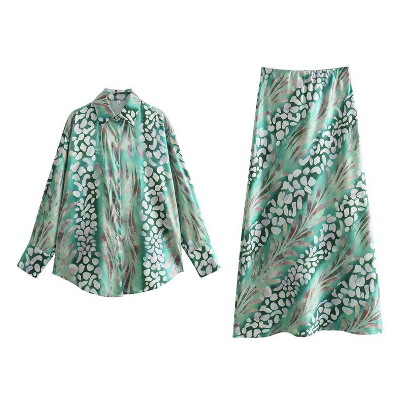 Spring and Summer New European and American Holiday Style Silk Satin Texture Print Shirts High Waist Slimming Midi A Word Skirt