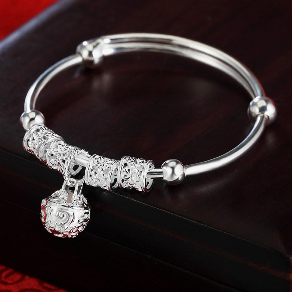 925 Sterling Silver Hollow Bells Ball Bangles Adjustable Bracelets for Women Fashion Holiday Gifts Party Wedding Jewelry