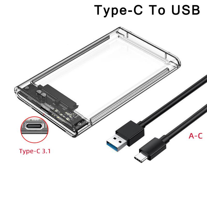Прозрачный внешний корпус для 2,5-дюймового накопителя USB Type-C, корпус для HDD/SSD SATA-to-USB 5 Гбит/с, корпус для жесткого диска, поддержка для ПК, ноутбуков