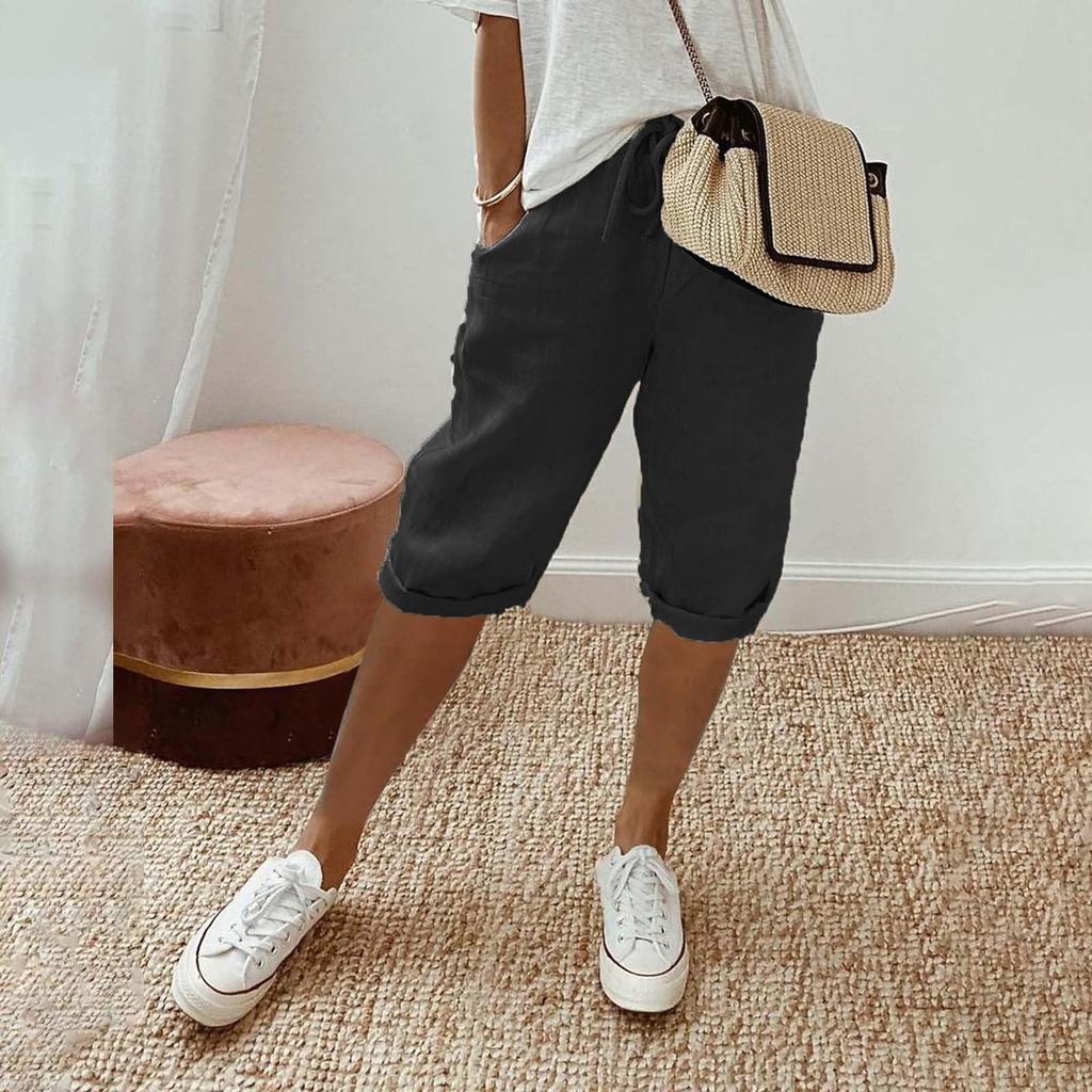 Womens Linen Shorts High Waisted Casual Shorts Drawstring Shorts With Pockets