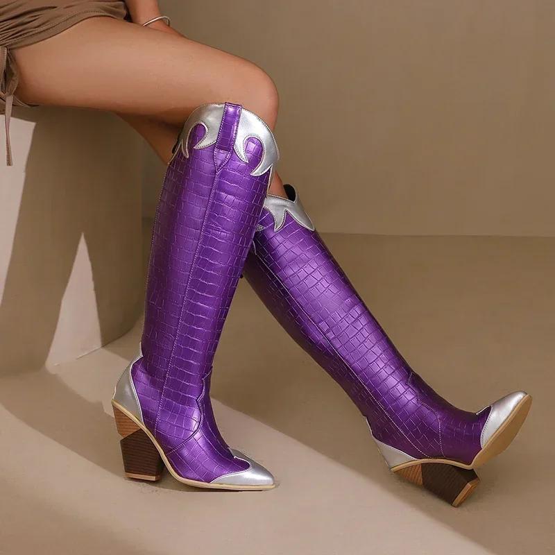 Зимние западные ботфорты до колена женские клиновидные каблуки коричневые фиолетовые черные пэчворк ретро платье острый носок молния ковбойские длинные сапоги