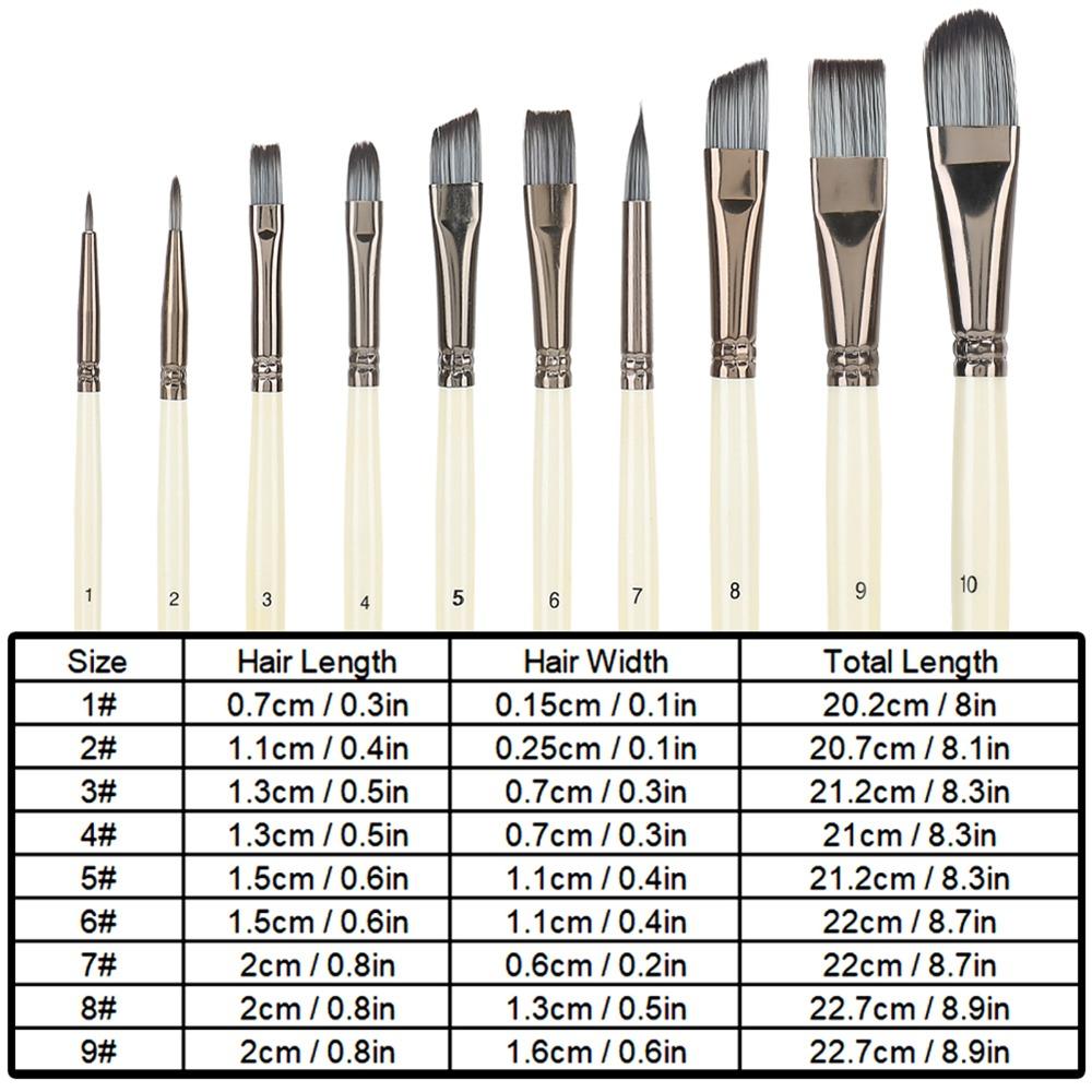 10PCS Multi Size Tips Nylon Fiber Painting Brushes Artist Painting Tool Set Oil Painting