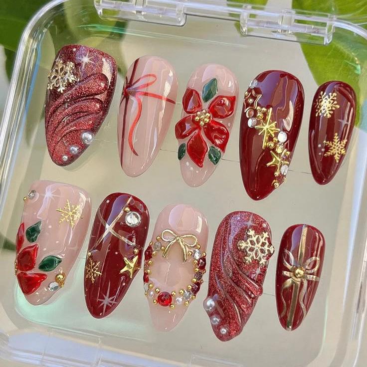24 шт. Красные блестящие Рождественские листья Короткие Овальные Накладные Ногти Наборы Наконечников для Фейковых Ногтей