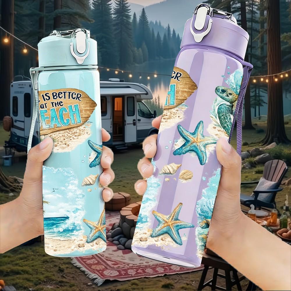1PC Beach Ocean Sea Shell Landscape Print 750ml Color Plastic Sports Water Bottle Leakproof Flip Straw Lid Suitable for Sports Office Home Use