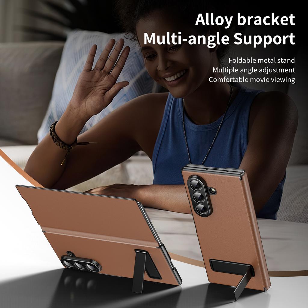 PU Leather Magnetic Flip Book Phone Case With Metal Kickstand Holder For Galaxy Z Fold 7 Z Fold 6 Z Fold 5 Z Fold 4