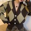 Ретро куртка-свитер с ромбами женская осенняя новая короткого дизайна с V-образным вырезом вязаный кардиган топ женский
