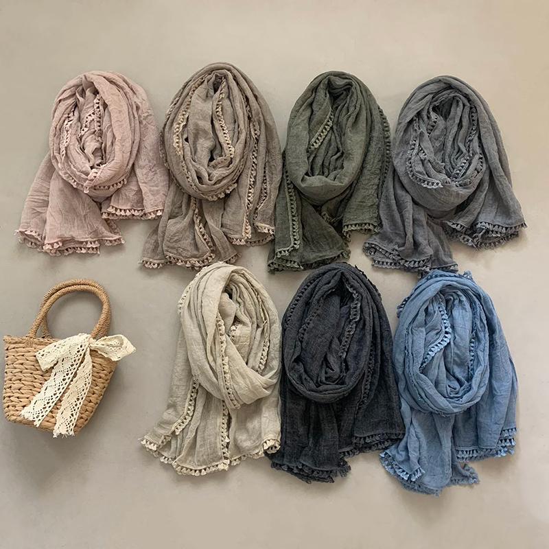 New Pure-Color Cotton Lace Scarf Japanese-Style Simple Thin-Style All-Purpose Shawl Korean Spring And Autumn Women And Men