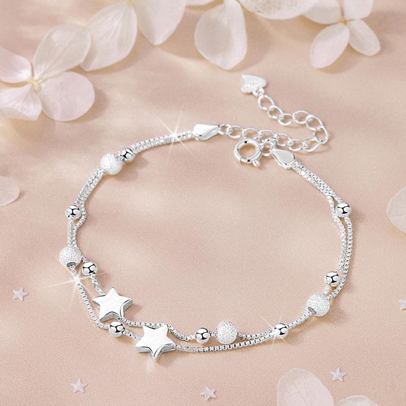 Sparking Double Layer Bracelets for Women Girls Vintage 925 Sterling Copper Small Beads Chain Bracelet Daily Wear Zircon Gifts
