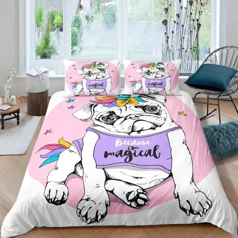 Cartoon Pug Dog Duvet Cover Set Comforter Cover Soft Bedding Set Full Size for Boys Girls Bedroom 2/3 Pieces with Pillow Shams