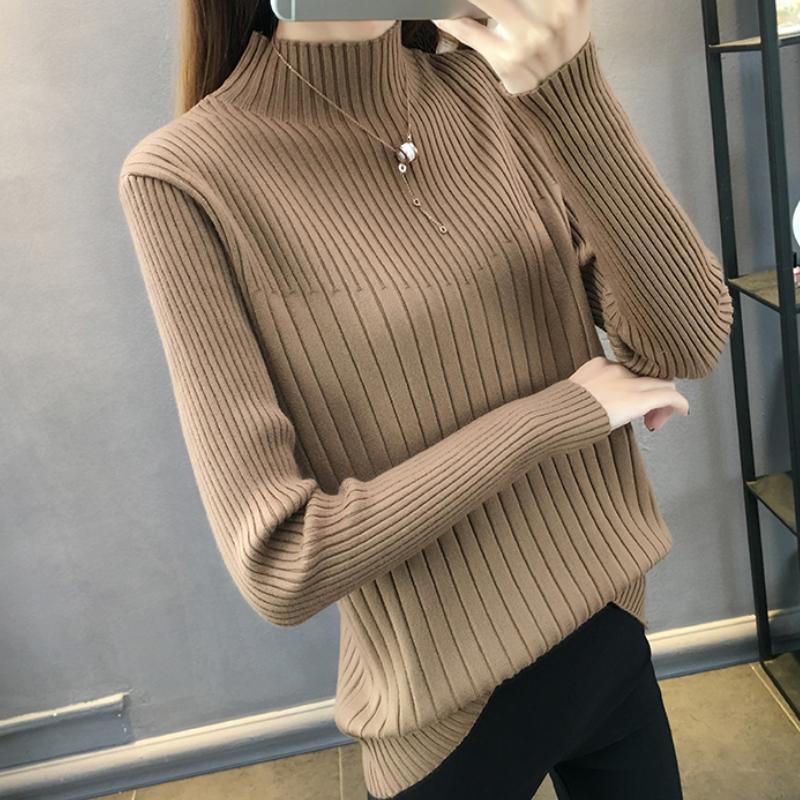 Модный теплый вязаный свитер с полувысоким воротом для женщин, осень и зима, облегающий базовый свитер, женские повседневные однотонные пуловеры с длинным рукавом, топы 25315
