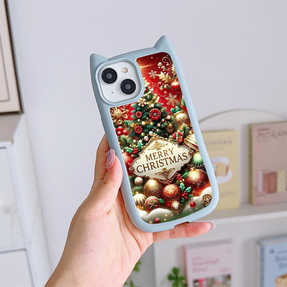 Мягкий чехол для телефона с кошачьими ушками для iPhone 16 15 14 13 12 11 Pro Max TPU Anti-Drop Прозрачная акриловая задняя крышка NY46 Рождественская елка Санта-Клауса