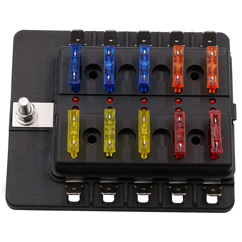 PC Terminal Block Type, 1 In 10 Out Fuse Boxes for Cars, RVs, and Ships, with LED Lights, 12-32V