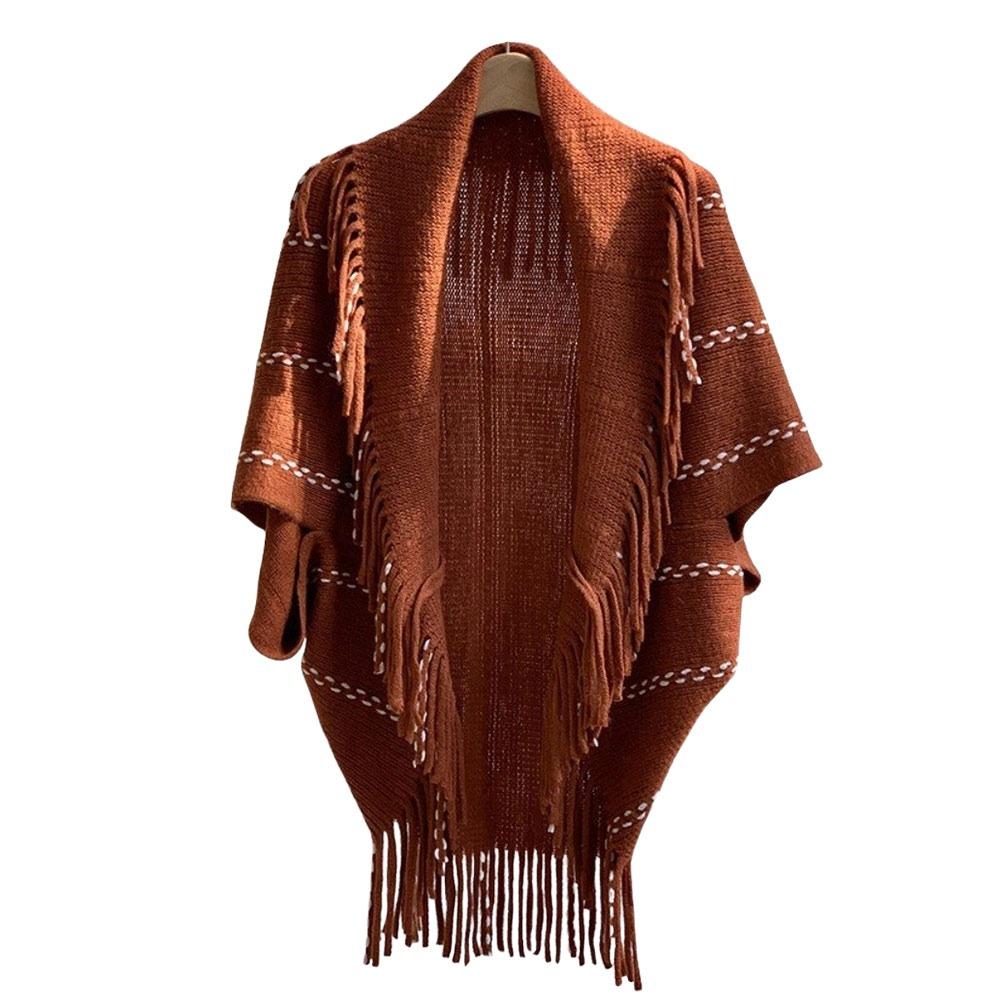 New Fringe Women's Shawl V-neck Mid-Length Knit Shawl Loose Fit Soft Cloak Scarves Spring Autumn