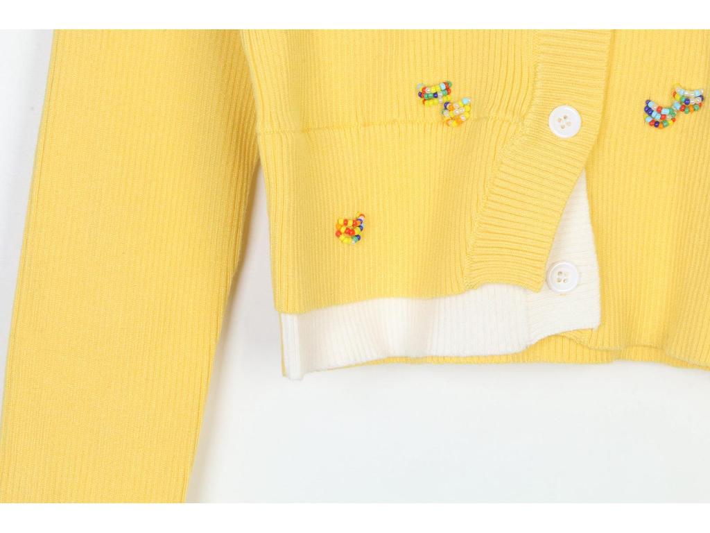 Женский французский ретро вязаный кардиган: V-образный вырез, Длинный рукав, Отделанный бисером, Имитация двойки, Короткий топ с цветными блоками