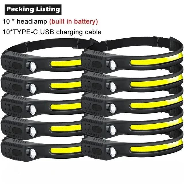 Светодиодный налобный фонарь с зарядкой от USB, встроенный аккумулятор, 5 режимов, фонарь для кемпинга, рыбалки, поиска