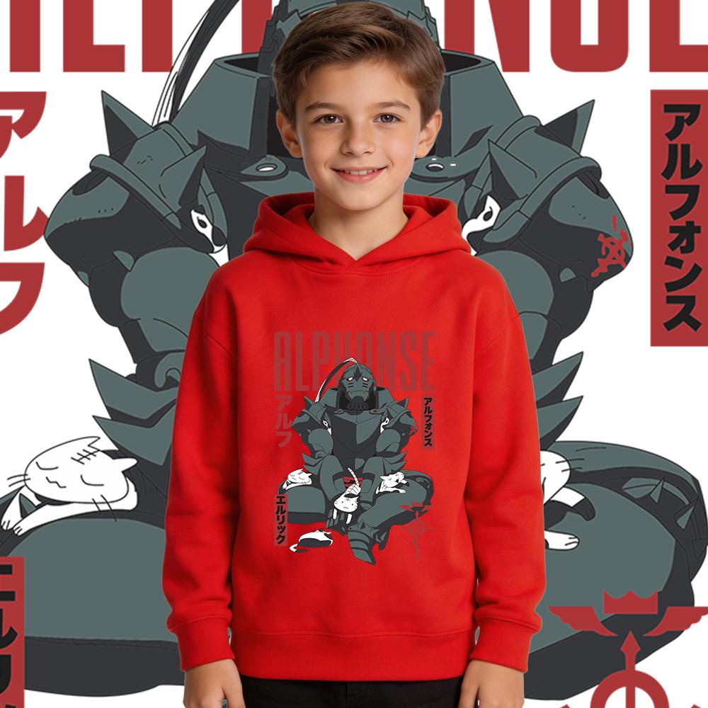 "Fullmetal Alchemist" Alphonse Graphic Streetwear Hip-Hop Hoodie – Fleece-Lined, Thickened Casual Pullover for Boys and Girls (Autumn/Winter)