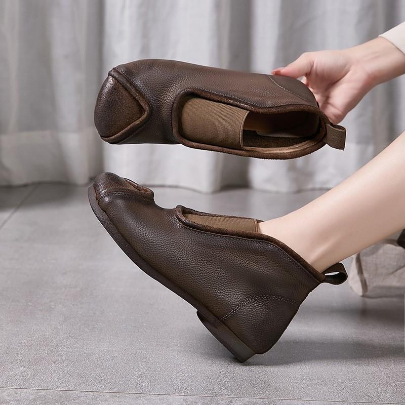 Johnature Винтажные ботильоны ручной работы из натуральной кожи на плоской подошве, с круглым носком, из мягкой коровьей кожи, женские слипоны