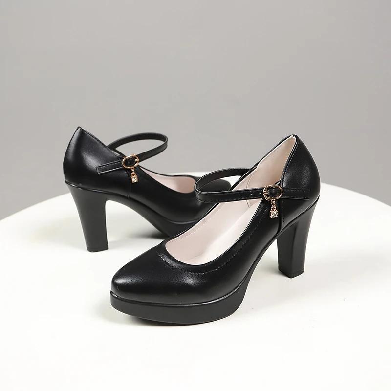 Женские туфли-лодочки на платформе и высоком каблуке 2024 года, весна, новые модные черные туфли с пряжкой, женские туфли из искусственной кожи с острым носком