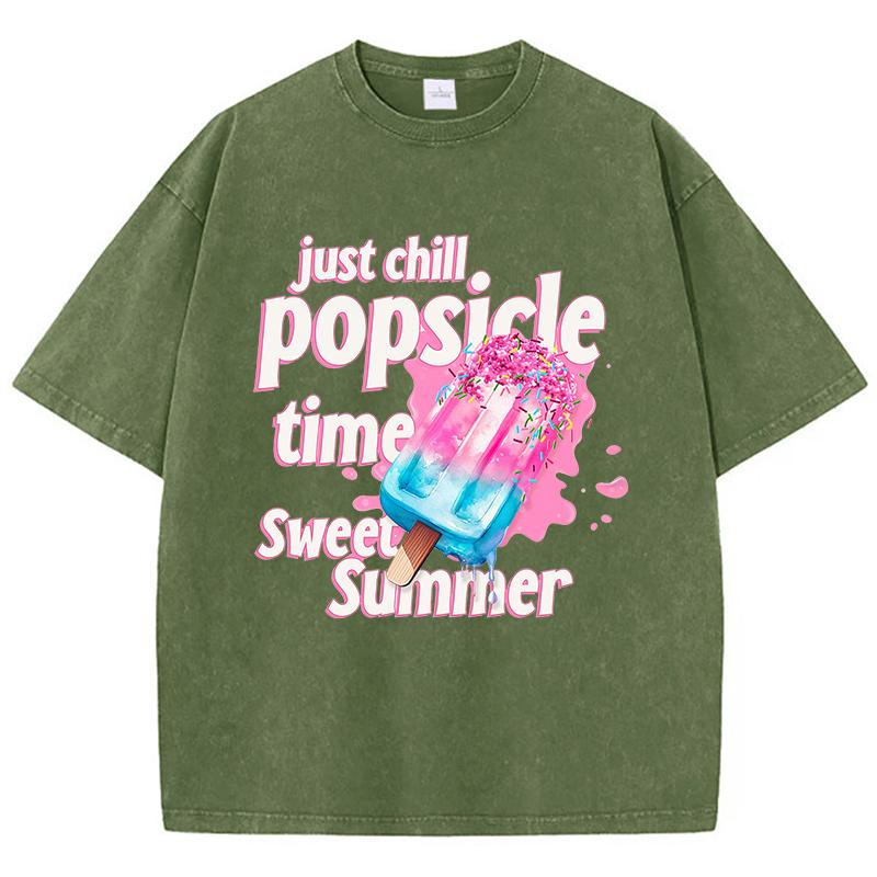 Just Chill Popsicle Time Sweet Summer Cotton Washed TShirt Women Oversize Tops Casual ONeck Distressed T Shirt Hip Hop Clothes