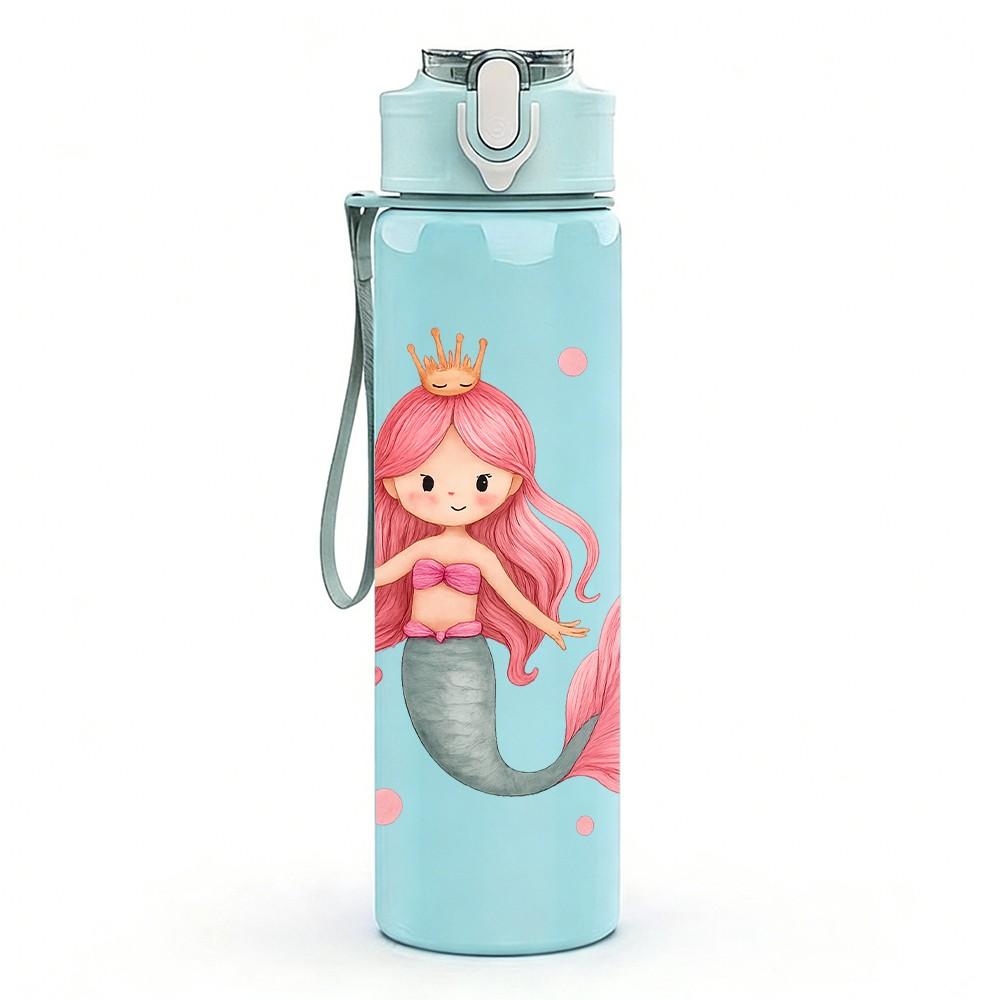 1PC Pink Mermaid Princess Cartoon 750ml Color Plastic Sports Water Bottle Leakproof Flip Straw Lid Suitable for Sports Office Home Use