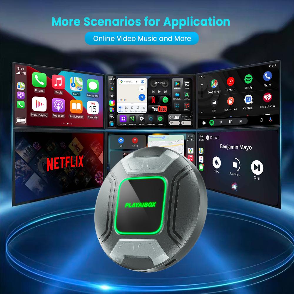 PlayAiBox Android 15 Система CarPlay Видеобокс 4G+64GB Поддержка HDMI Выхода с Огромным Количеством Приложений Беспроводной Адаптер для Youtube/Netflix